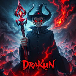 Cover for a dark anime titled "Drakun" featuring a sinister dark wizard with glowing red eyes, wickedly smiling