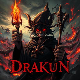 Cover for a dark anime titled "Drakun" featuring a sinister dark wizard with glowing red eyes, wickedly smiling