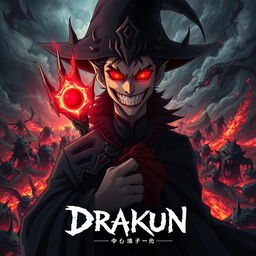 Cover for a dark anime titled "Drakun" featuring a sinister dark wizard with glowing red eyes, wickedly smiling