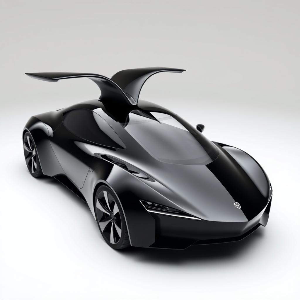 A sleek black car featuring an aerodynamic design with a pointed tip and a unique triangular window