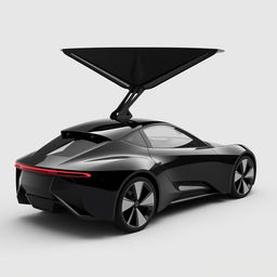 A sleek black car featuring an aerodynamic design with a pointed tip and a unique triangular window