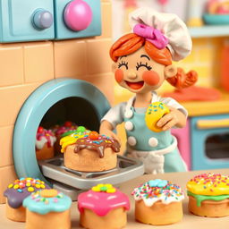 A vibrant scene depicting a playdough baker joyfully removing an array of colorful and uniquely shaped cakes from a playdough oven