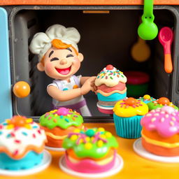 A vibrant scene depicting a playdough baker joyfully removing an array of colorful and uniquely shaped cakes from a playdough oven