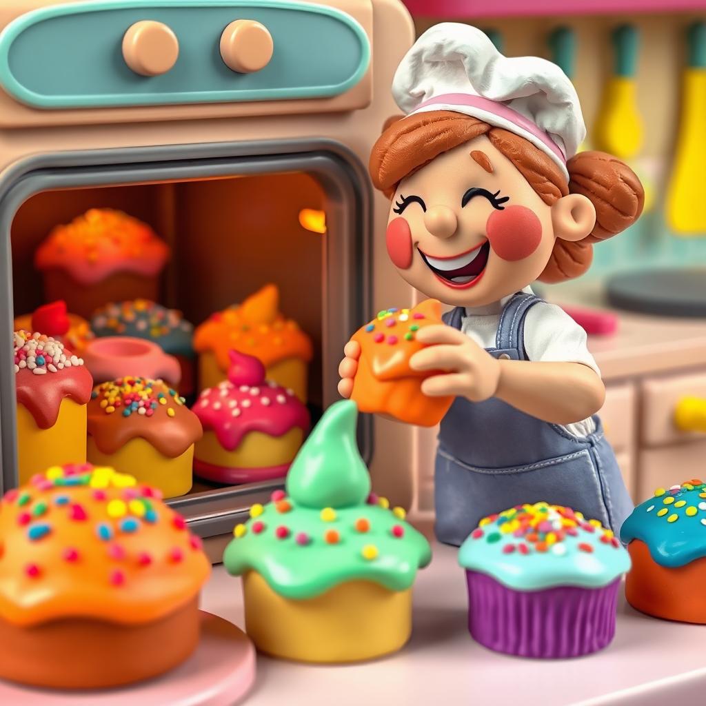 A vibrant scene depicting a playdough baker joyfully removing an array of colorful and uniquely shaped cakes from a playdough oven