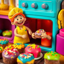 A vibrant scene depicting a playdough baker joyfully removing an array of colorful and uniquely shaped cakes from a playdough oven