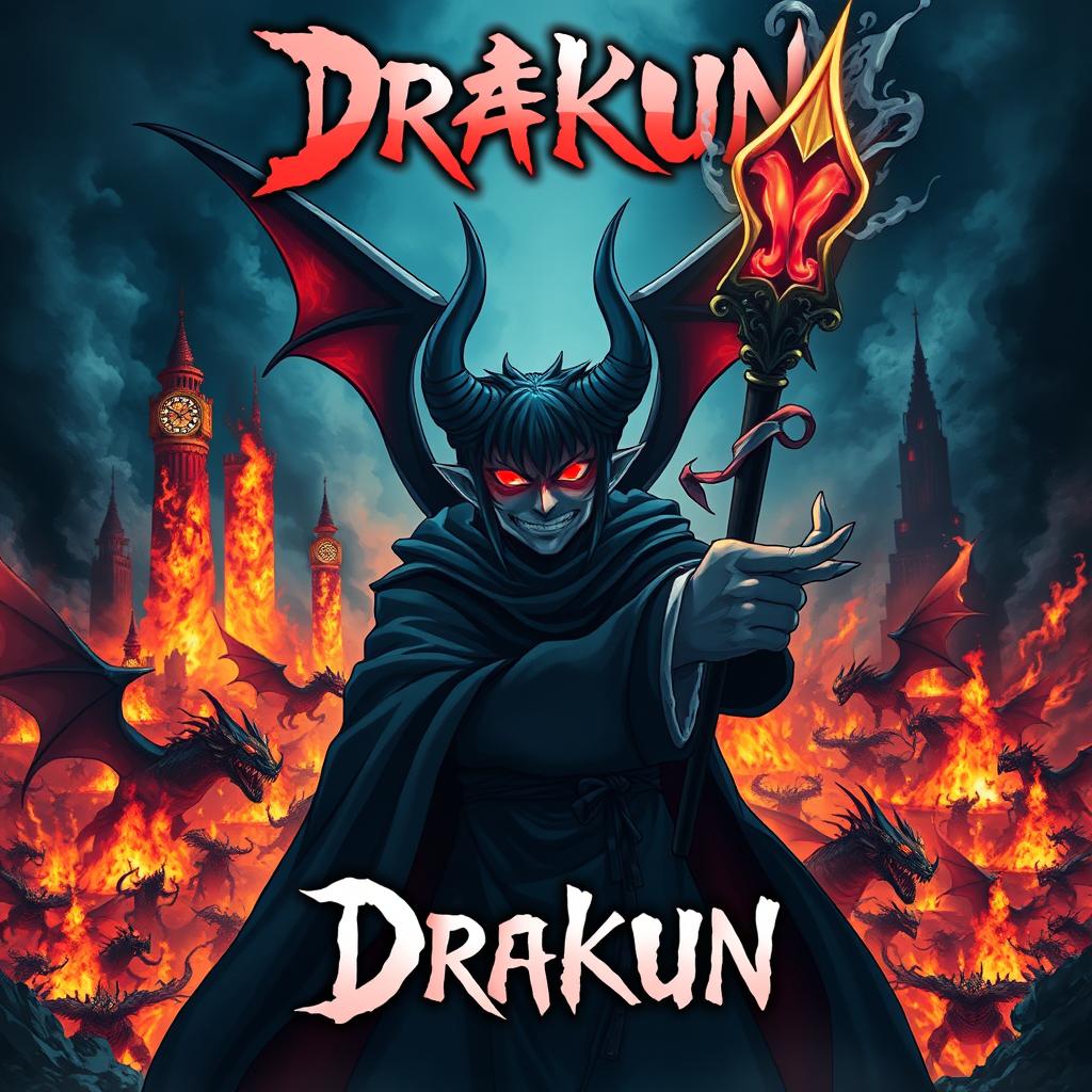 Cover for a dark anime titled "Drakun" featuring a dark wizard with glowing crimson eyes and demonic wings, wickedly smiling