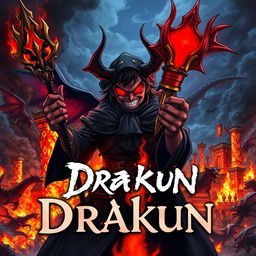 Cover for a dark anime titled "Drakun" featuring a dark wizard with glowing crimson eyes and demonic wings, wickedly smiling