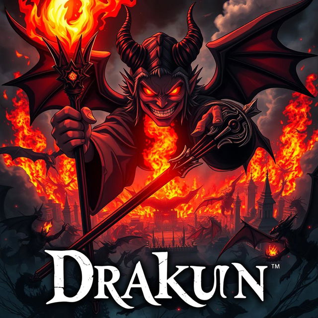 Cover for a dark anime titled "Drakun" featuring a dark wizard with glowing crimson eyes and demonic wings, wickedly smiling