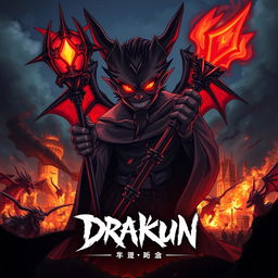 Cover for a dark anime titled "Drakun" featuring a dark wizard with glowing crimson eyes and demonic wings, wickedly smiling