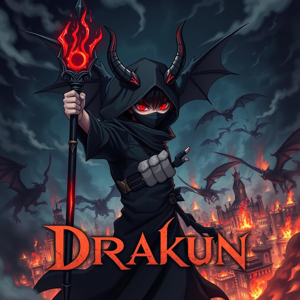 Cover for a dark anime titled "Drakun" featuring a teenage dark wizard with glowing red eyes, demonic horns, and wings, masked to add an air of mystery