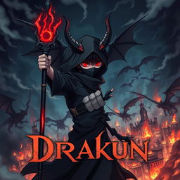 Cover for a dark anime titled "Drakun" featuring a teenage dark wizard with glowing red eyes, demonic horns, and wings, masked to add an air of mystery