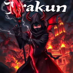 Cover for a dark anime titled "Drakun" featuring a teenage dark wizard with glowing red eyes, demonic horns, and wings, masked to add an air of mystery