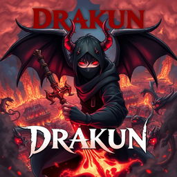 Cover for a dark anime titled "Drakun" featuring a teenage dark wizard with glowing red eyes, demonic horns, and wings, masked to add an air of mystery