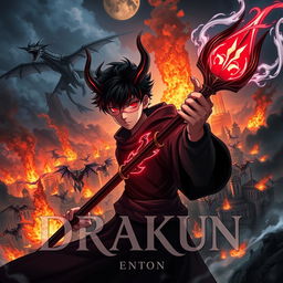 Cover for a dark anime titled "Drakun" featuring a teenage dark wizard with glowing red eyes, demonic horns, and wings, masked to add an air of mystery