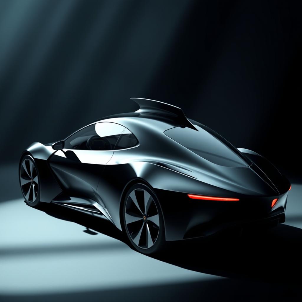 An ultra-modern black car with a sleek aerodynamic design, featuring a sharply pointed tip and a striking triangular window