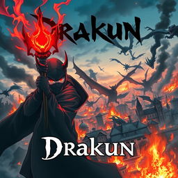 Cover for a dark anime titled "Drakun" featuring a teenage dark wizard with fierce red eyes, demonic horns, and wings, concealed behind a mysterious mask