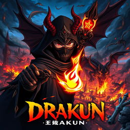 Cover for a dark anime titled "Drakun" featuring a teenage dark wizard with fierce red eyes, demonic horns, and wings, concealed behind a mysterious mask