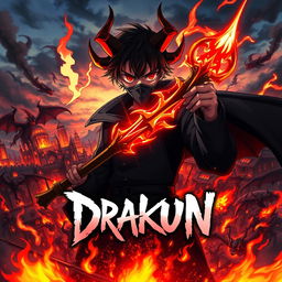 Cover for a dark anime titled "Drakun" featuring a teenage dark wizard with fierce red eyes, demonic horns, and wings, concealed behind a mysterious mask