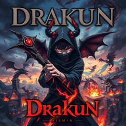 Cover for a dark anime titled "Drakun" featuring a teenage dark wizard with fierce red eyes, demonic horns, and wings, concealed behind a mysterious mask