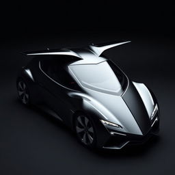 A stylish black car exhibiting an aerodynamic design, featuring a sharply pointed tip and a distinctive triangular window