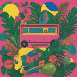 Art piece inspired by Brazil and Phonk music, filled with vibrant colors, tropical elements, vintage 90s aesthetic, and music motifs.