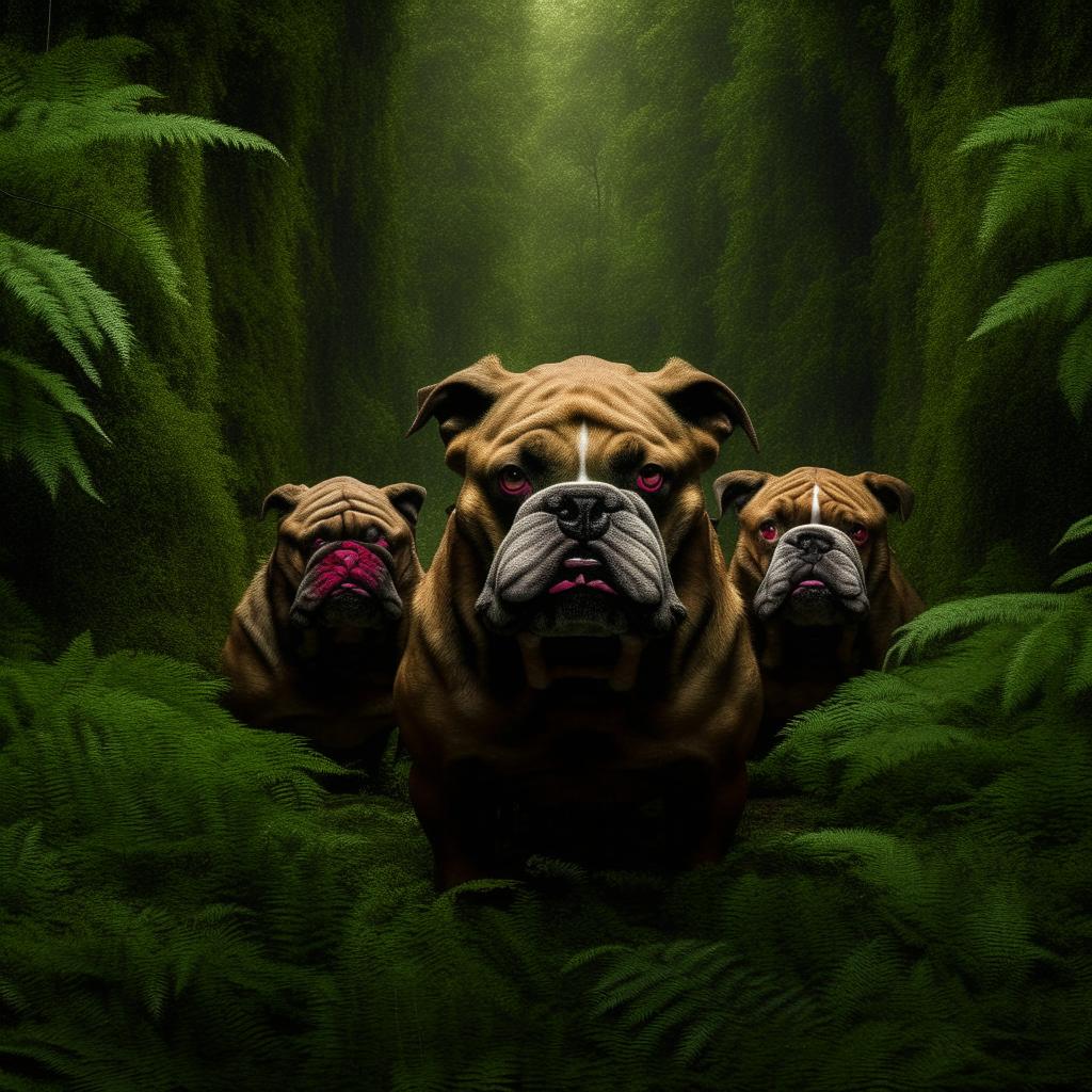 Menacing bulldogs with red eyes and mean faces, standing assertively amidst the dense greenery of a forest.