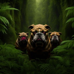 Menacing bulldogs with red eyes and mean faces, standing assertively amidst the dense greenery of a forest.