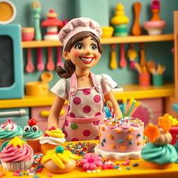 A lively scene depicting a female baker made of playdough, pausing to look around with a bright smile, as if she has just had a brilliant idea