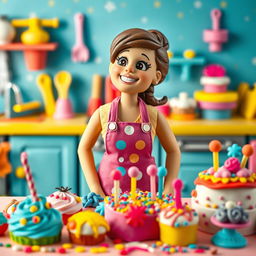 A lively scene depicting a female baker made of playdough, pausing to look around with a bright smile, as if she has just had a brilliant idea