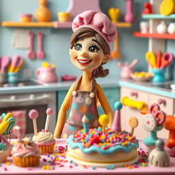 A lively scene depicting a female baker made of playdough, pausing to look around with a bright smile, as if she has just had a brilliant idea