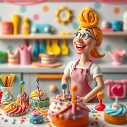 A lively scene depicting a female baker made of playdough, pausing to look around with a bright smile, as if she has just had a brilliant idea