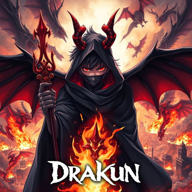 Cover for a dark anime titled "Drakun" showcasing a teenage dark wizard with eerie red eyes, prominent demonic horns, and wings, masked for an added sense of mystery