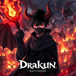 Cover for a dark anime titled "Drakun" showcasing a teenage dark wizard with eerie red eyes, prominent demonic horns, and wings, masked for an added sense of mystery