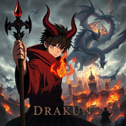 Cover for a dark anime titled "Drakun" showcasing a teenage dark wizard with eerie red eyes, prominent demonic horns, and wings, masked for an added sense of mystery