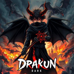 Cover for a dark anime titled "Drakun" showcasing a teenage dark wizard with eerie red eyes, prominent demonic horns, and wings, masked for an added sense of mystery