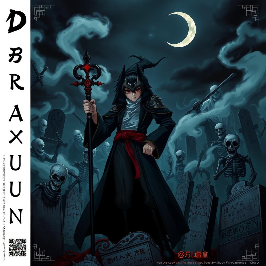 Cover art for a dark anime titled "Drakun", featuring a teenage male dark wizard with red eyes, wearing a mysterious mask