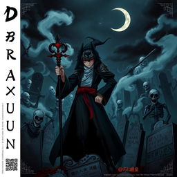 Cover art for a dark anime titled "Drakun", featuring a teenage male dark wizard with red eyes, wearing a mysterious mask