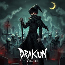 Cover art for a dark anime titled "Drakun", featuring a teenage male dark wizard with red eyes, wearing a mysterious mask