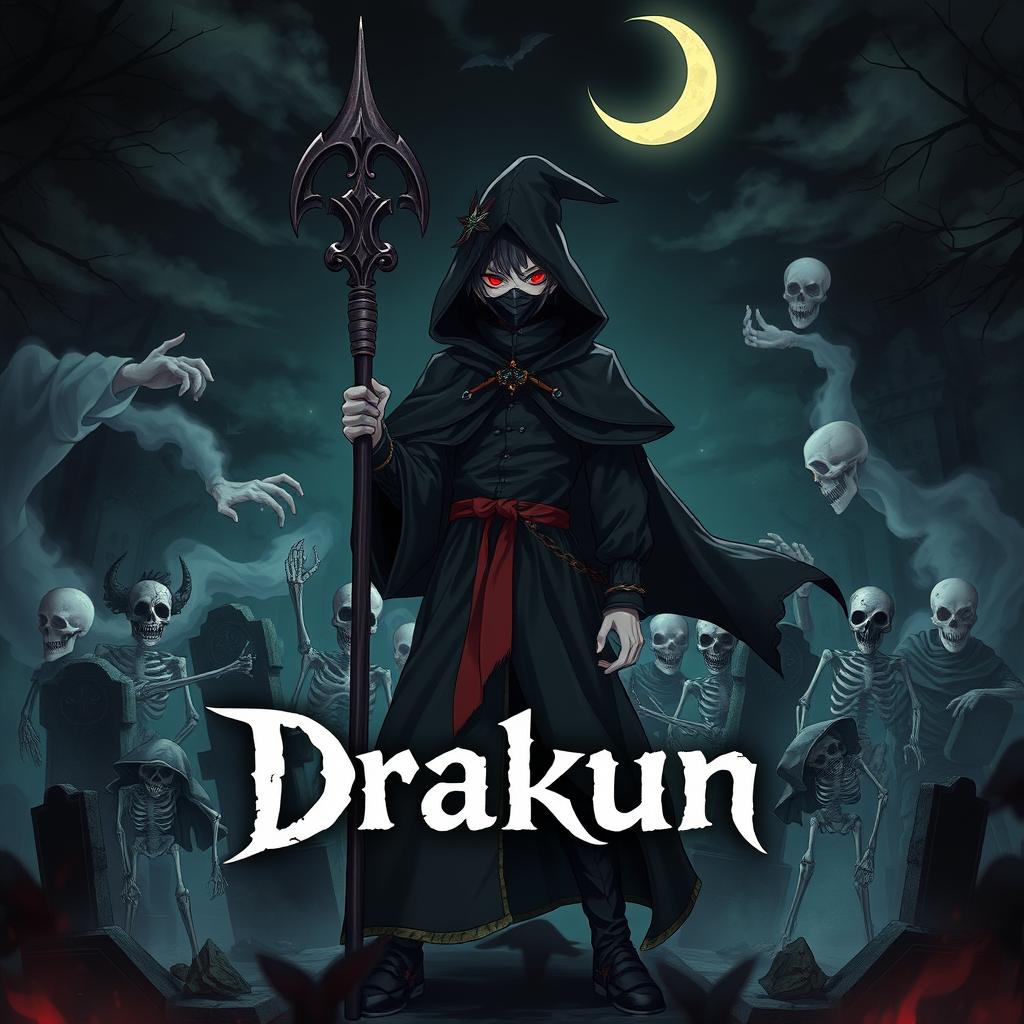 Cover art for a dark anime titled "Drakun", featuring a teenage male dark wizard with red eyes, wearing a mysterious mask