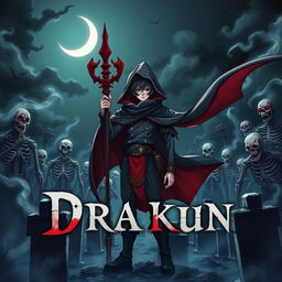 Cover art for a dark anime titled "Drakun", featuring a teenage male dark wizard with red eyes, wearing a mysterious mask