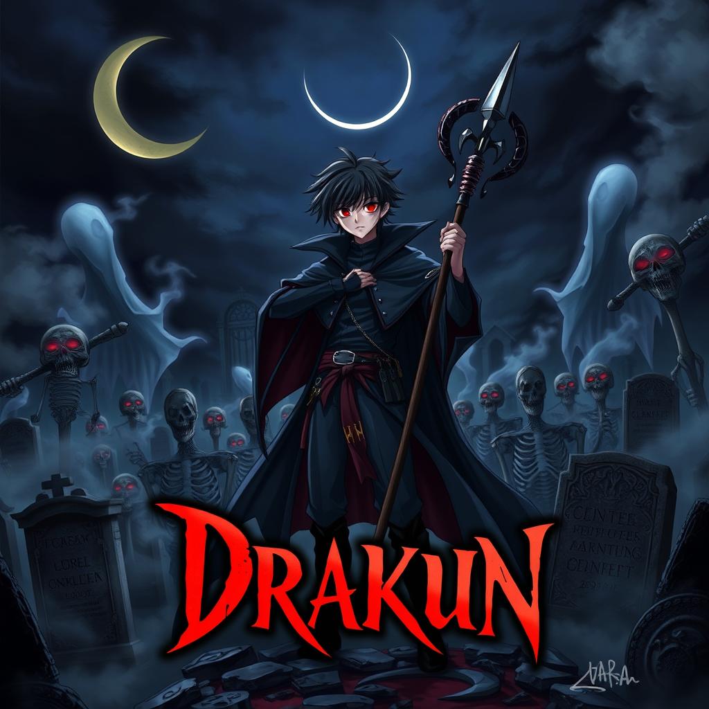 Cover art for a dark anime titled "Drakun", featuring a teenage male dark wizard with red eyes and black hair, wielding a powerful wizard's staff