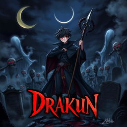 Cover art for a dark anime titled "Drakun", featuring a teenage male dark wizard with red eyes and black hair, wielding a powerful wizard's staff