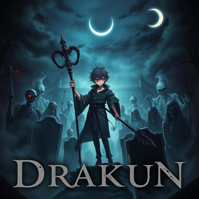 Cover art for a dark anime titled "Drakun", featuring a teenage male dark wizard with red eyes and black hair, wielding a powerful wizard's staff