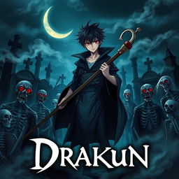 Cover art for a dark anime titled "Drakun", featuring a teenage male dark wizard with red eyes and black hair, wielding a powerful wizard's staff