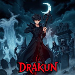 Cover art for a dark anime titled "Drakun", featuring a teenage male dark wizard with red eyes and black hair, wielding a powerful wizard's staff