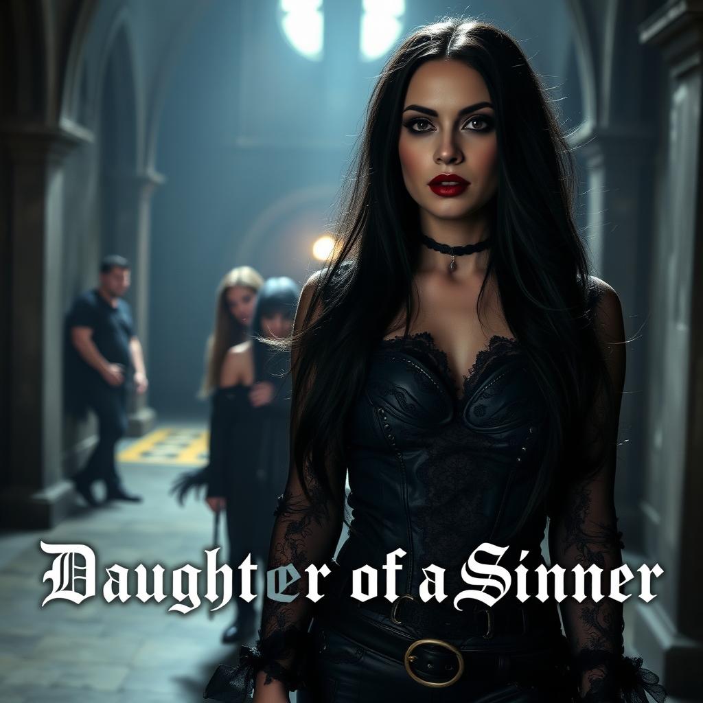 A striking and dark themed image depicting a goth woman standing confidently in the foreground