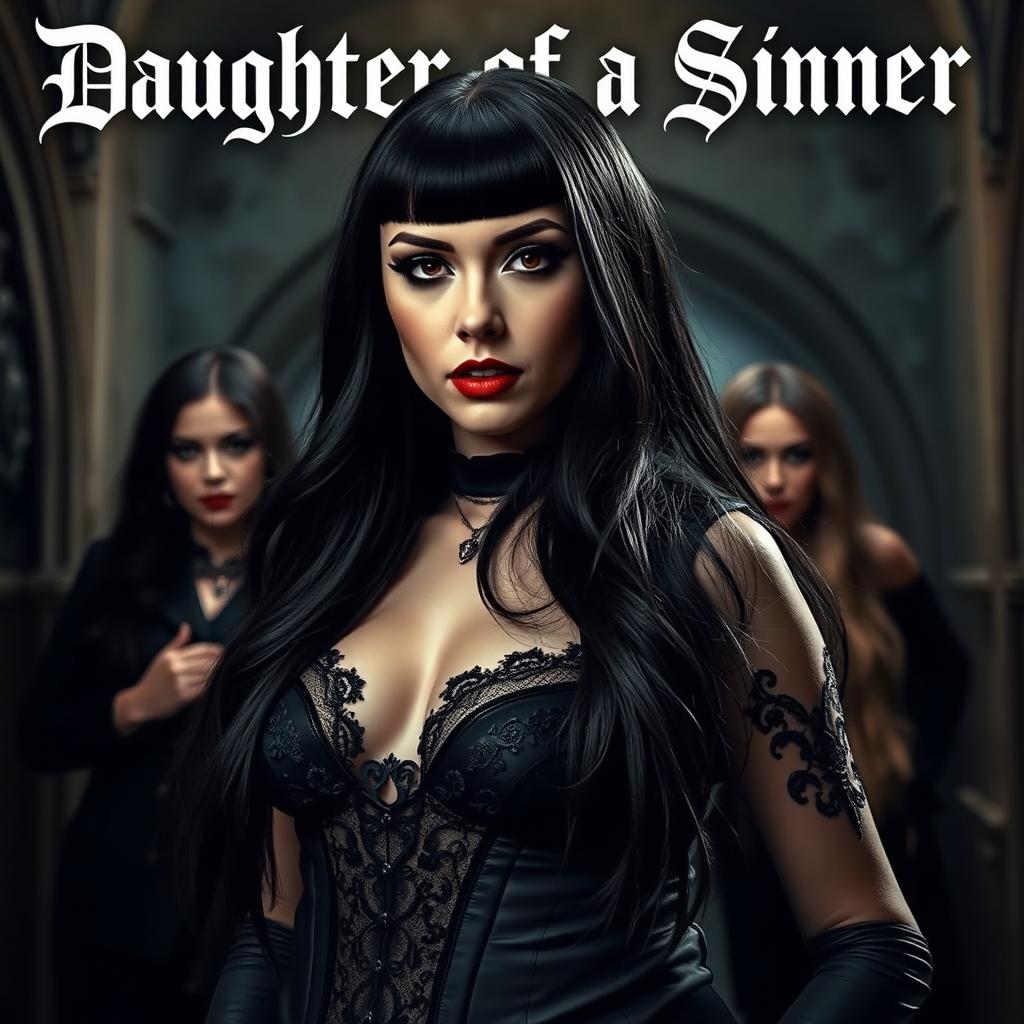 A striking and dark themed image depicting a goth woman standing confidently in the foreground