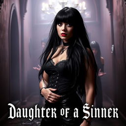 A striking and dark themed image depicting a goth woman standing confidently in the foreground