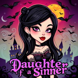 A colorful and vibrant cartoon-style illustration featuring a goth woman as the focal point