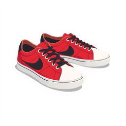 A simple 2D illustration of sneakers featuring a sleek and minimalist design in red, black, and white colors